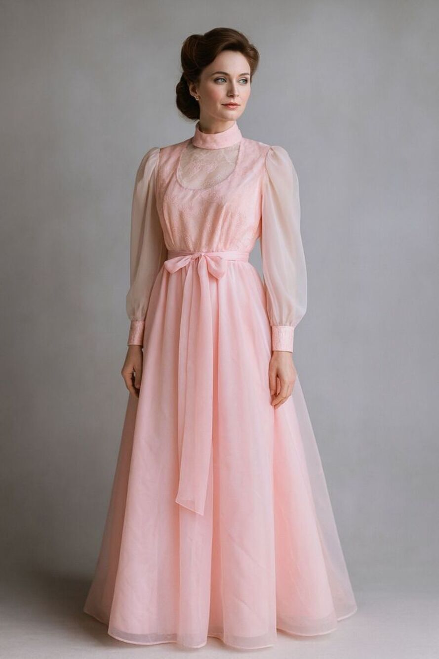 Vintage 70s UNBRANDED Pink Chiffon Maxi Dress Sheer Long Sleeve Lace Trim S